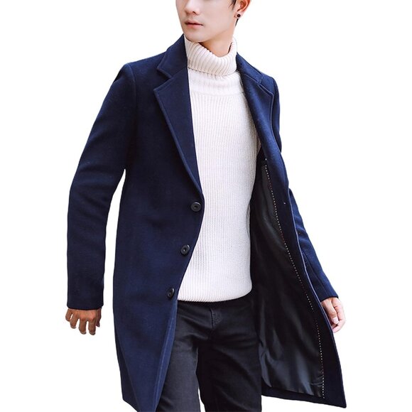 Mens Navy Wool Blend Trench Coat Notch Lapel Camel Peacoats Winter Overcoat - Picture 1 of 7